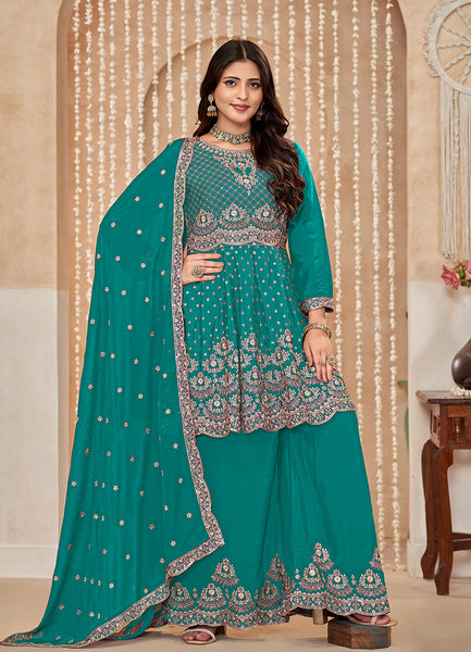 Monjolika Fashion Turquoise Color Embroidered Santoon Chinnon Salwar Suit