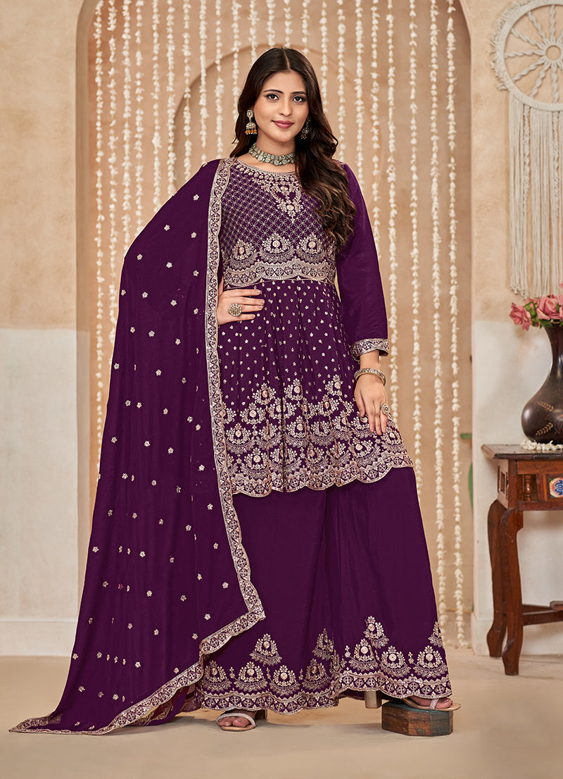 Monjolika Fashion Wine Color Embroidered Santoon Chinnon Salwar Suit