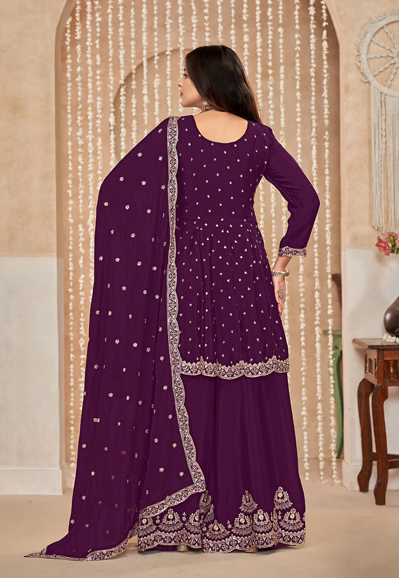 Monjolika Fashion Wine Color Embroidered Santoon Chinnon Salwar Suit