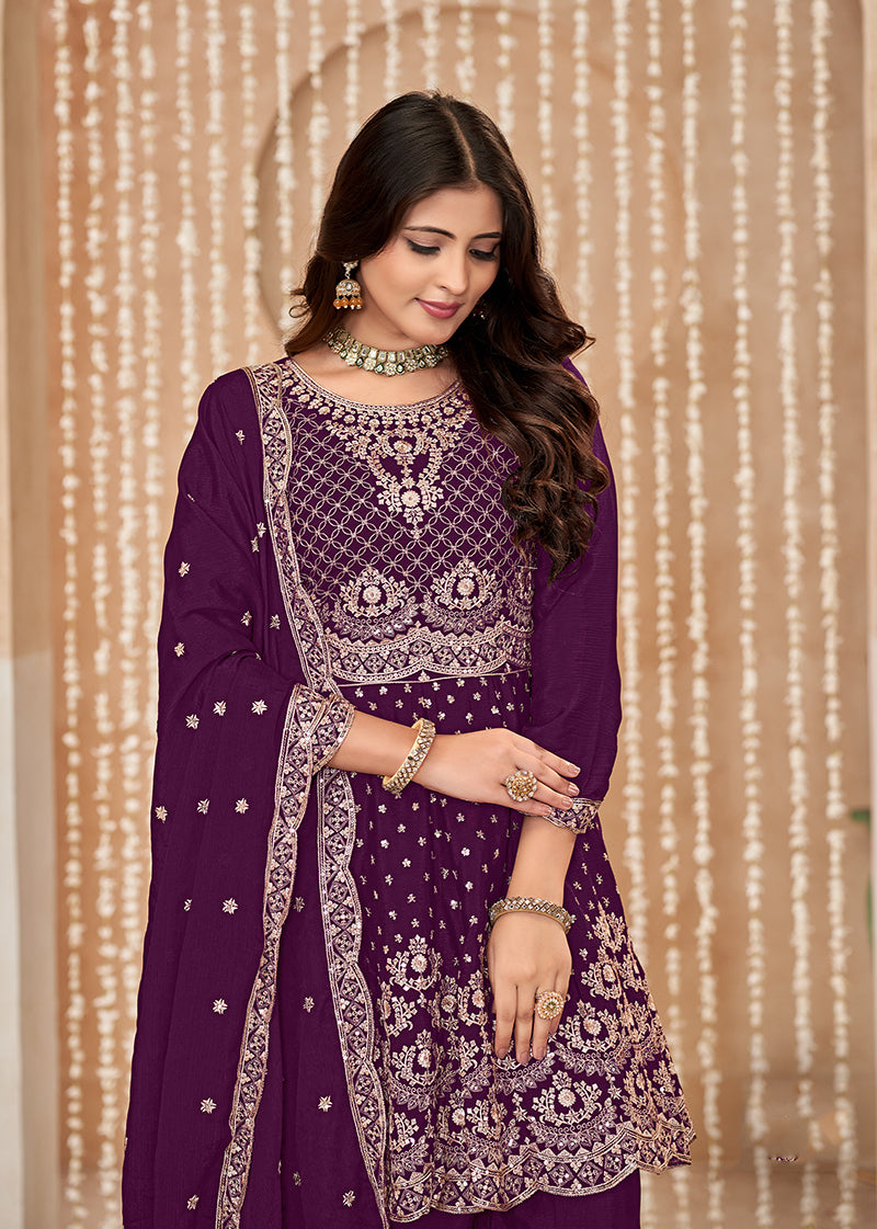 Monjolika Fashion Wine Color Embroidered Santoon Chinnon Salwar Suit
