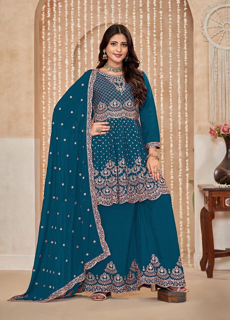 Monjolika Fashion Teal-Blue Color Embroidered Santoon Chinnon Salwar Suit