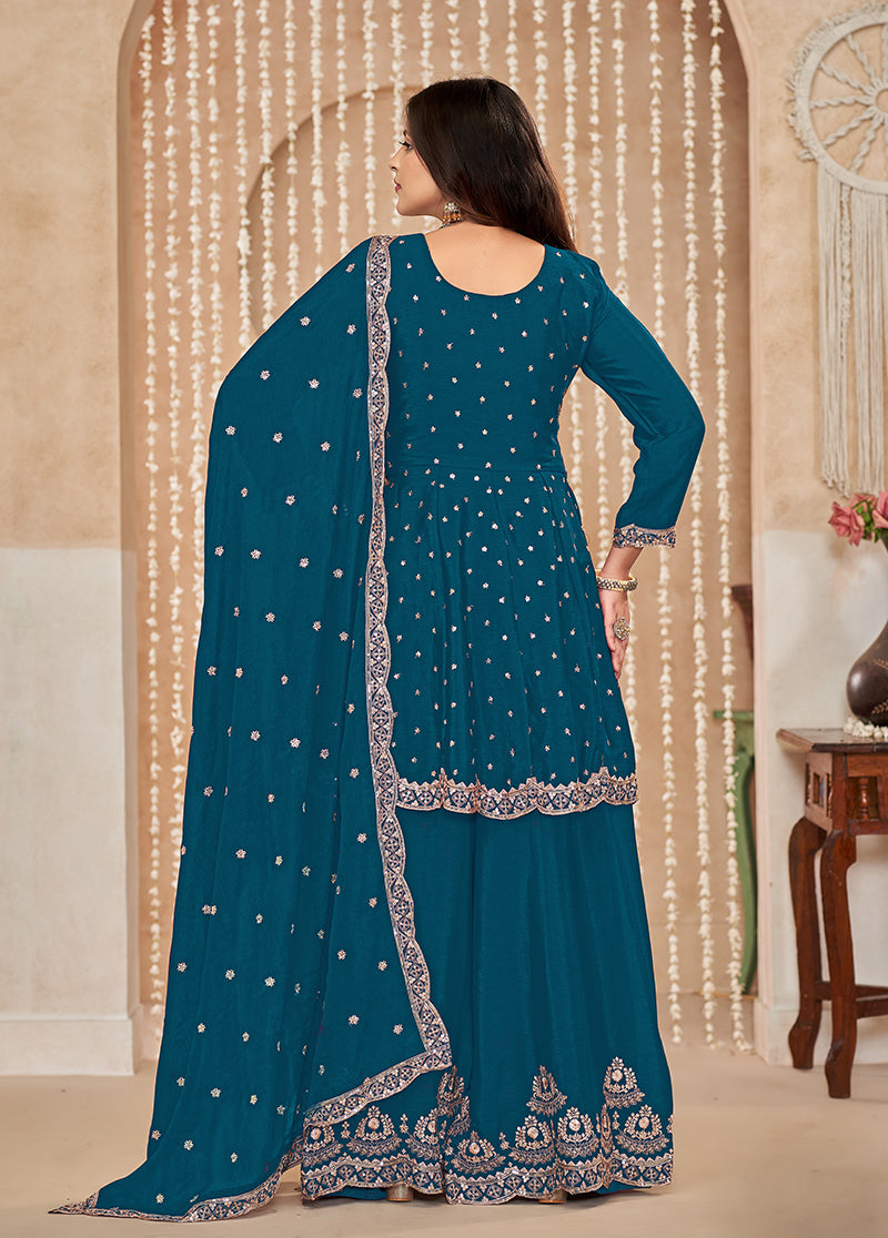Monjolika Fashion Teal-Blue Color Embroidered Santoon Chinnon Salwar Suit