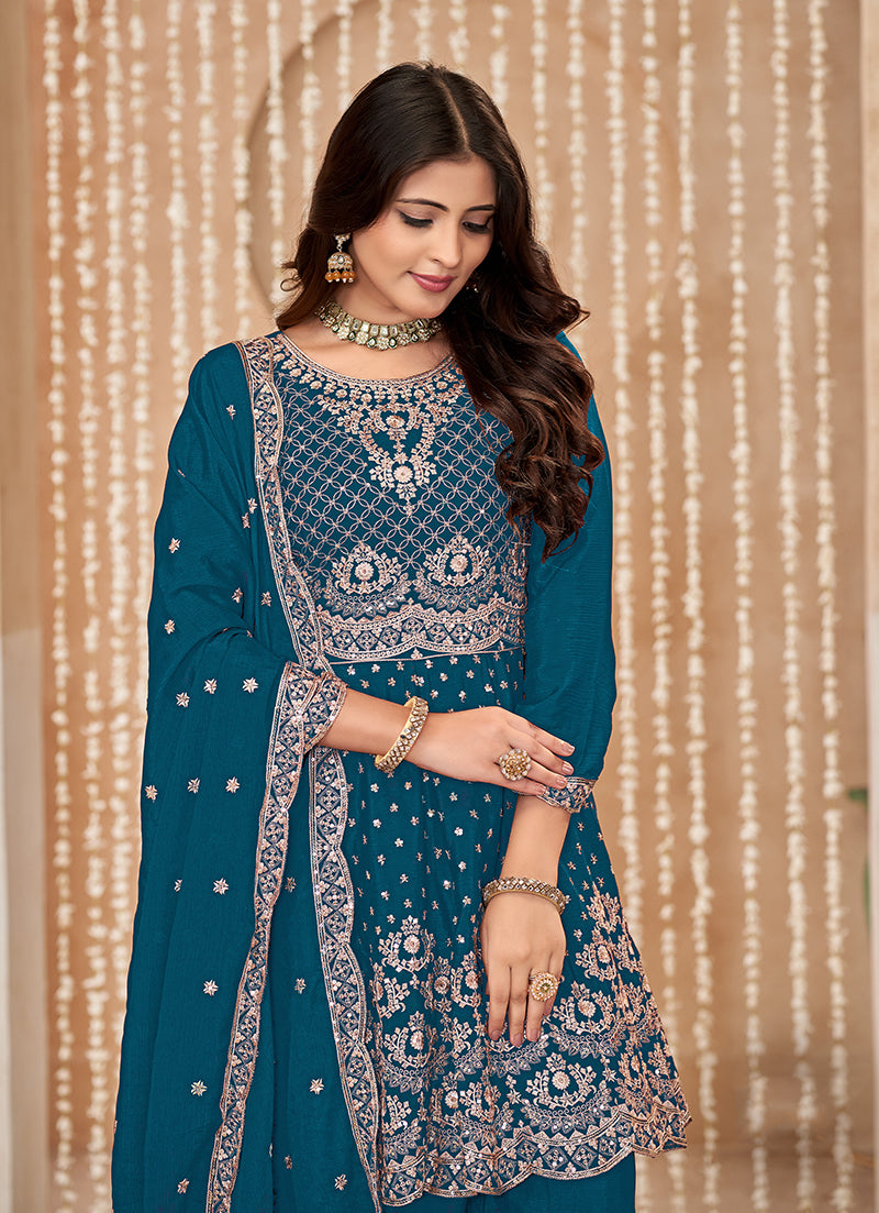 Monjolika Fashion Teal-Blue Color Embroidered Santoon Chinnon Salwar Suit