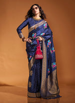 Thumbnail for Monjolika Fashion Handloom Silk Navy Blue Weaving Zari Classic Saree - Distacart