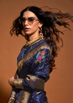 Thumbnail for Monjolika Fashion Handloom Silk Navy Blue Weaving Zari Classic Saree - Distacart