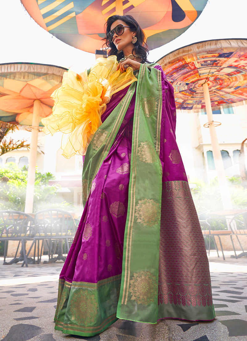 Monjolika Fashion Katan Silk Weaving Dark Magenta Contemporary Saree