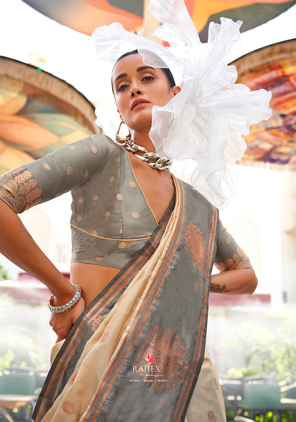 Monjolika Fashion Katan Silk Weaving Zari Designer Saree In Cream