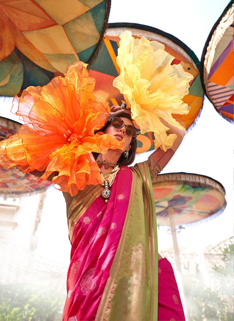 Monjolika Fashion Katan Silk Rani Pink Weaving Traditional Saree