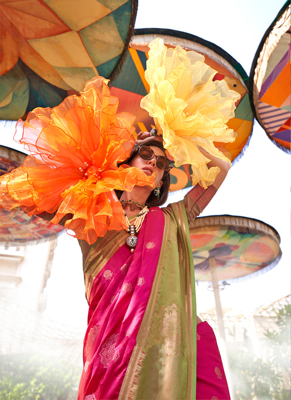 Monjolika Fashion Katan Silk Rani Pink Weaving Traditional Saree