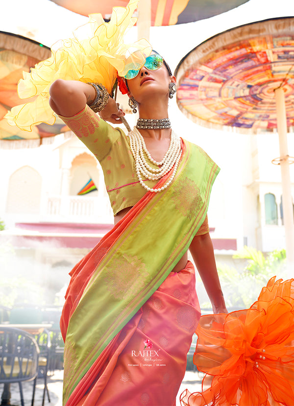 Monjolika Fashion Peach Weaving Zari Katan Silk Party Classic Saree