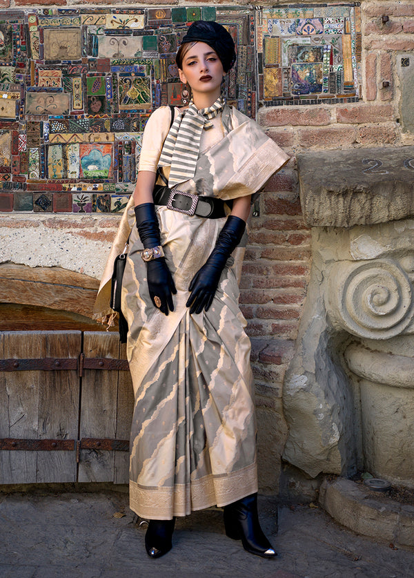 Monjolika Fashion Weaving Zari Katan Silk Designer Saree In Beige