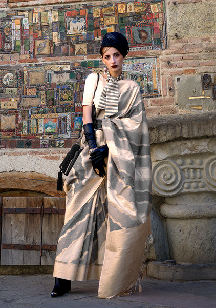 Monjolika Fashion Weaving Zari Katan Silk Designer Saree In Beige