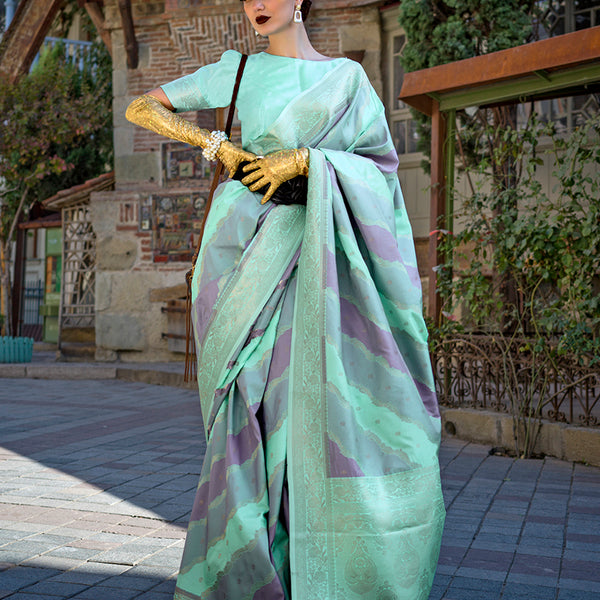 Monjolika Fashion Sea Green Katan Silk Weaving Zari Traditional Saree - Distacart