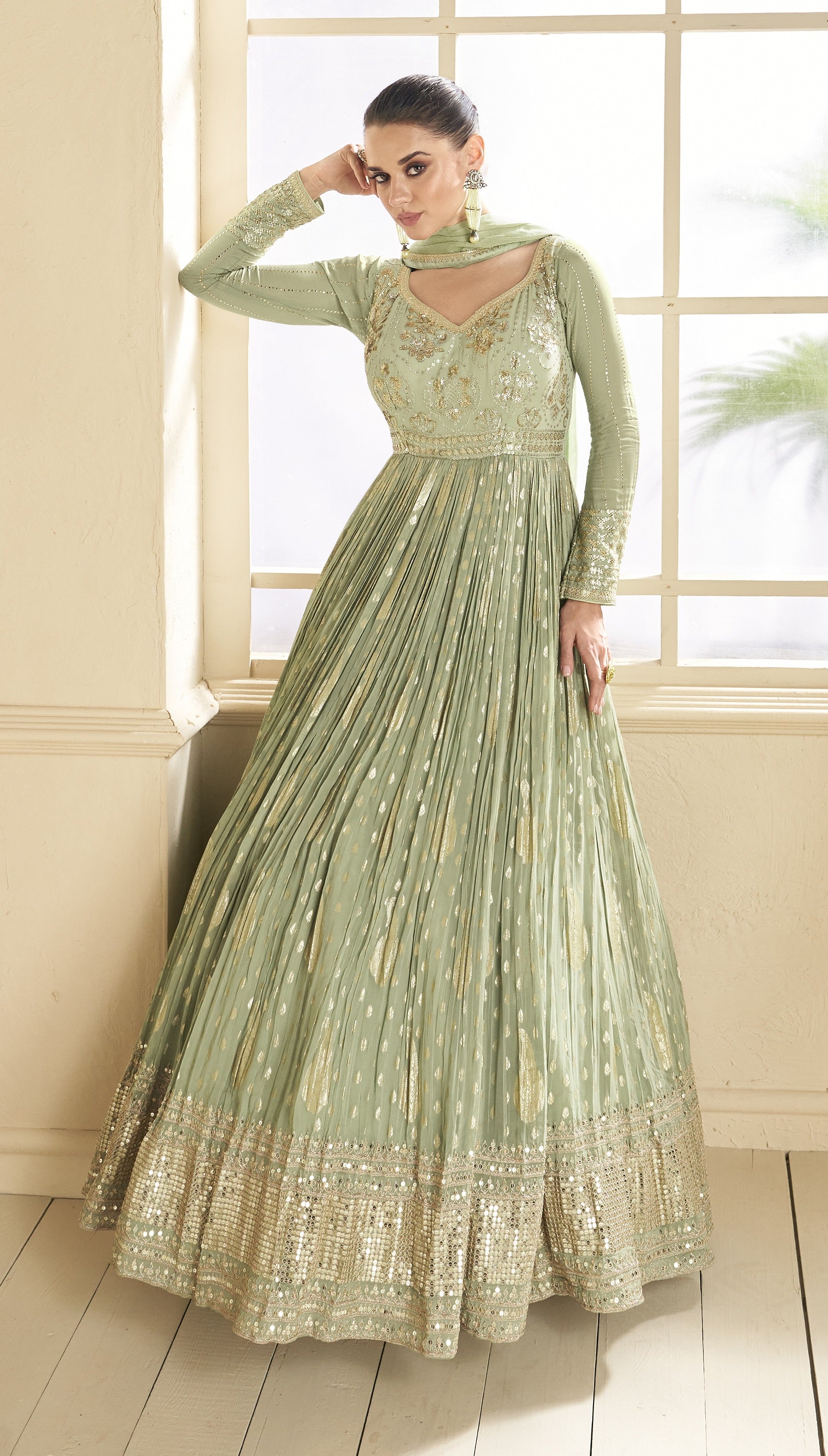 Anaita Mehendi Embroidered Viscose Jacquard Anarkali Suit - Distacart