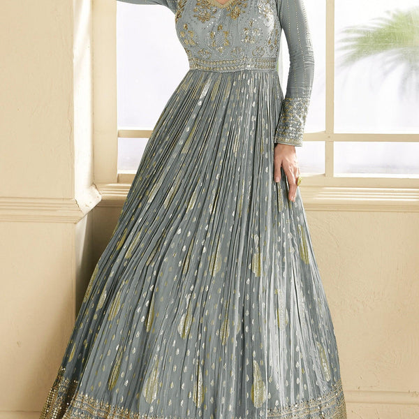 Anaita Grey Embroidered Viscose Jacquard Anarkali Suit - Distacart
