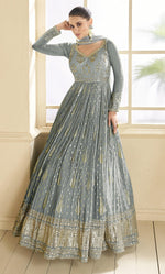Thumbnail for Anaita Grey Embroidered Viscose Jacquard Anarkali Suit - Distacart