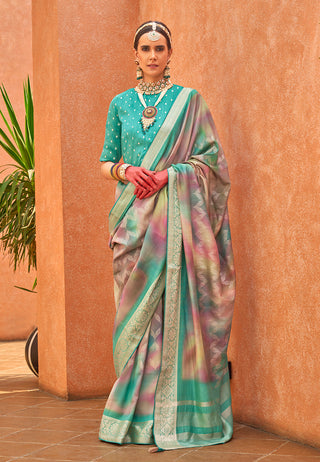 Monjolika Fashion Foliage Prints Silk Turquoise Classic Saree
