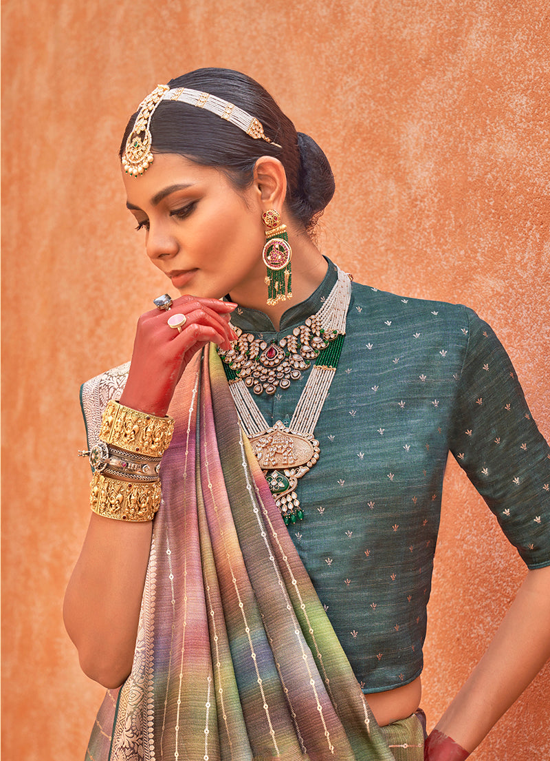 Monjolika Fashion Silk Multi Colour Foil Print Contemporary Saree