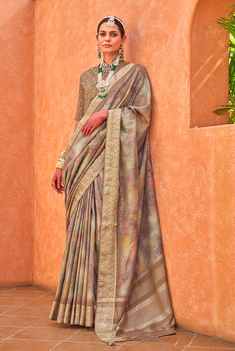 Monjolika Fashion Foil Print Traditional Silk Saree In Light Brown