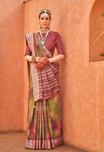Monjolika Fashion Silk Foil Print Multi Colour Contemporary Saree