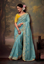 Thumbnail for Monjolika Fashion Embroidered Thread Work Organza Aqua Blue Classic Saree - Distacart