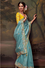 Thumbnail for Monjolika Fashion Embroidered Thread Work Organza Aqua Blue Classic Saree - Distacart