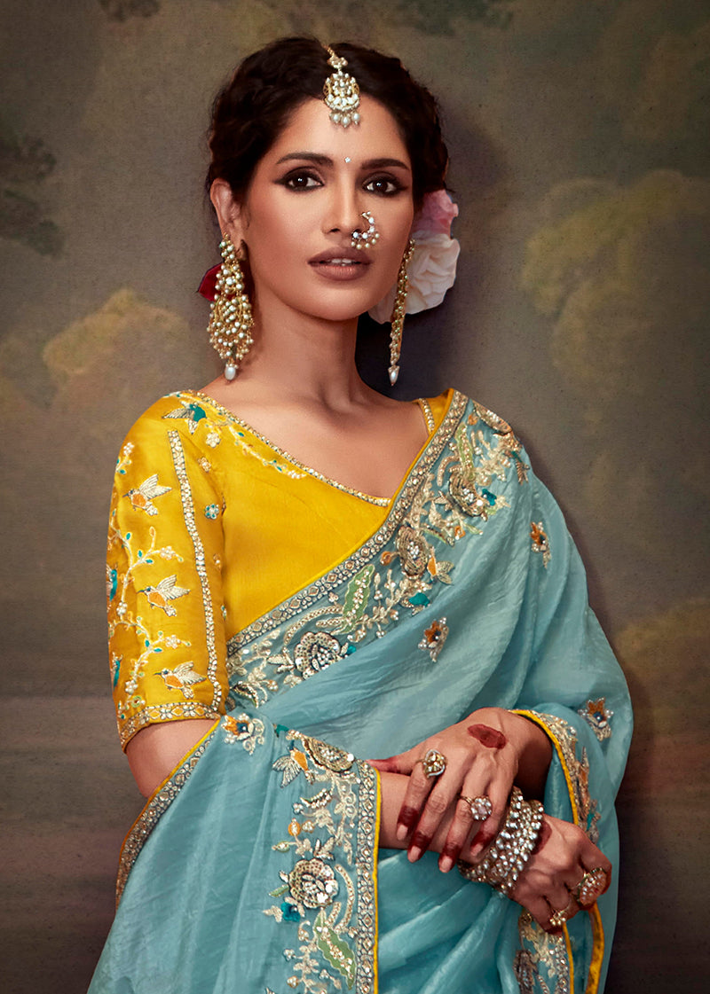 Monjolika Fashion Embroidered Thread Work Organza Aqua Blue Classic Saree - Distacart