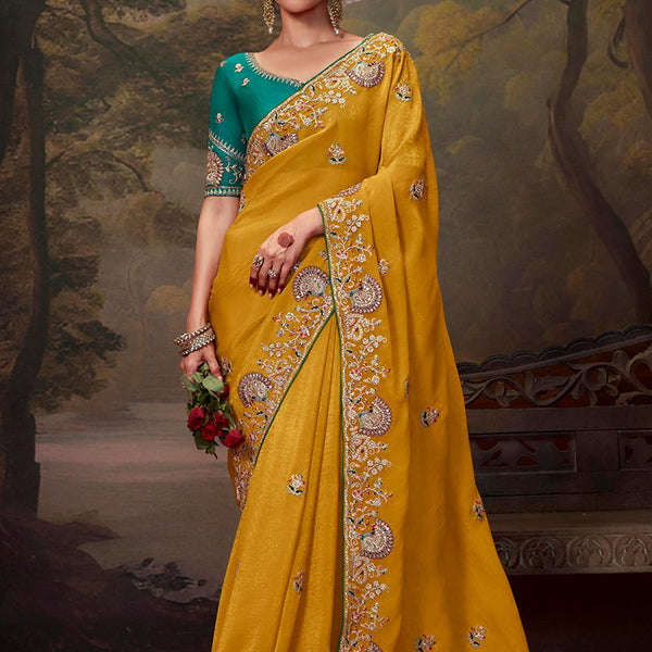 Monjolika Fashion Organza Mustard Embroidered Thread Work Contemporary Saree