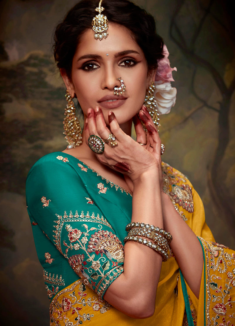 Monjolika Fashion Organza Mustard Embroidered Thread Work Contemporary Saree