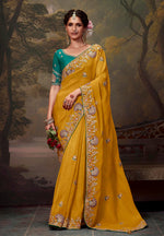 Thumbnail for Monjolika Fashion Organza Mustard Embroidered Thread Work Contemporary Saree