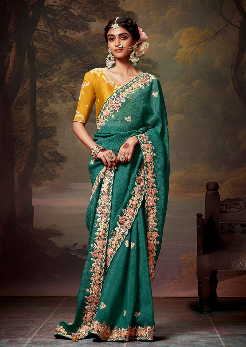 Monjolika Fashion Organza Embroidered Thread Work Teal Designer Saree