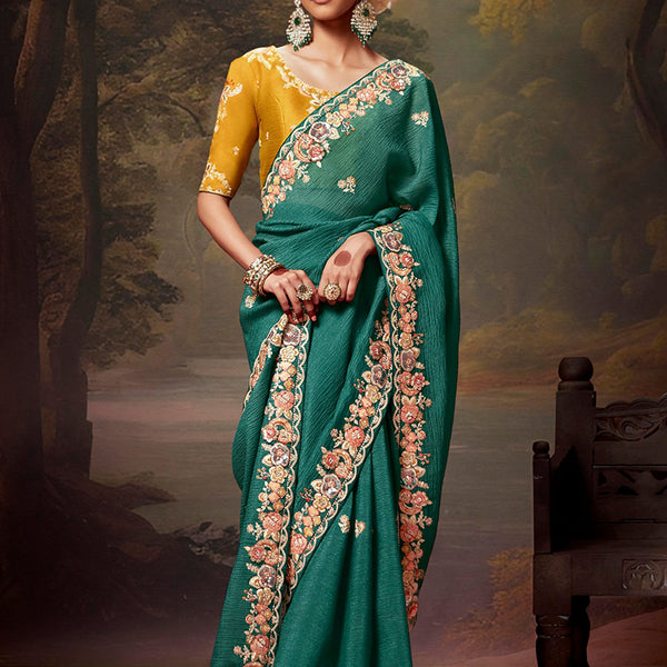 Monjolika Fashion Organza Embroidered Thread Work Teal Designer Saree