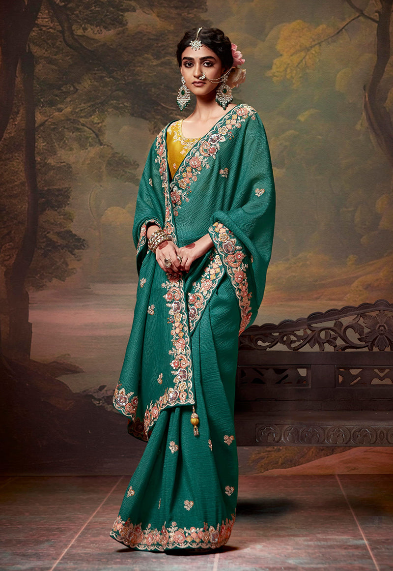 Monjolika Fashion Organza Embroidered Thread Work Teal Designer Saree