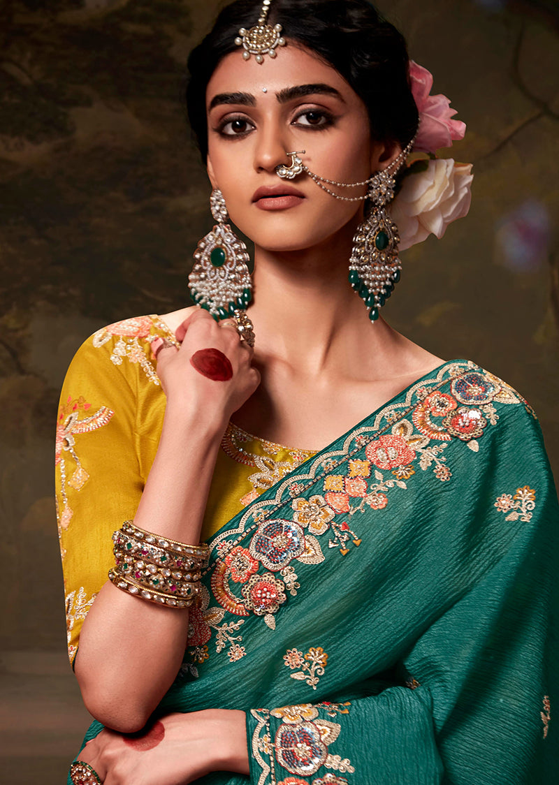 Monjolika Fashion Organza Embroidered Thread Work Teal Designer Saree