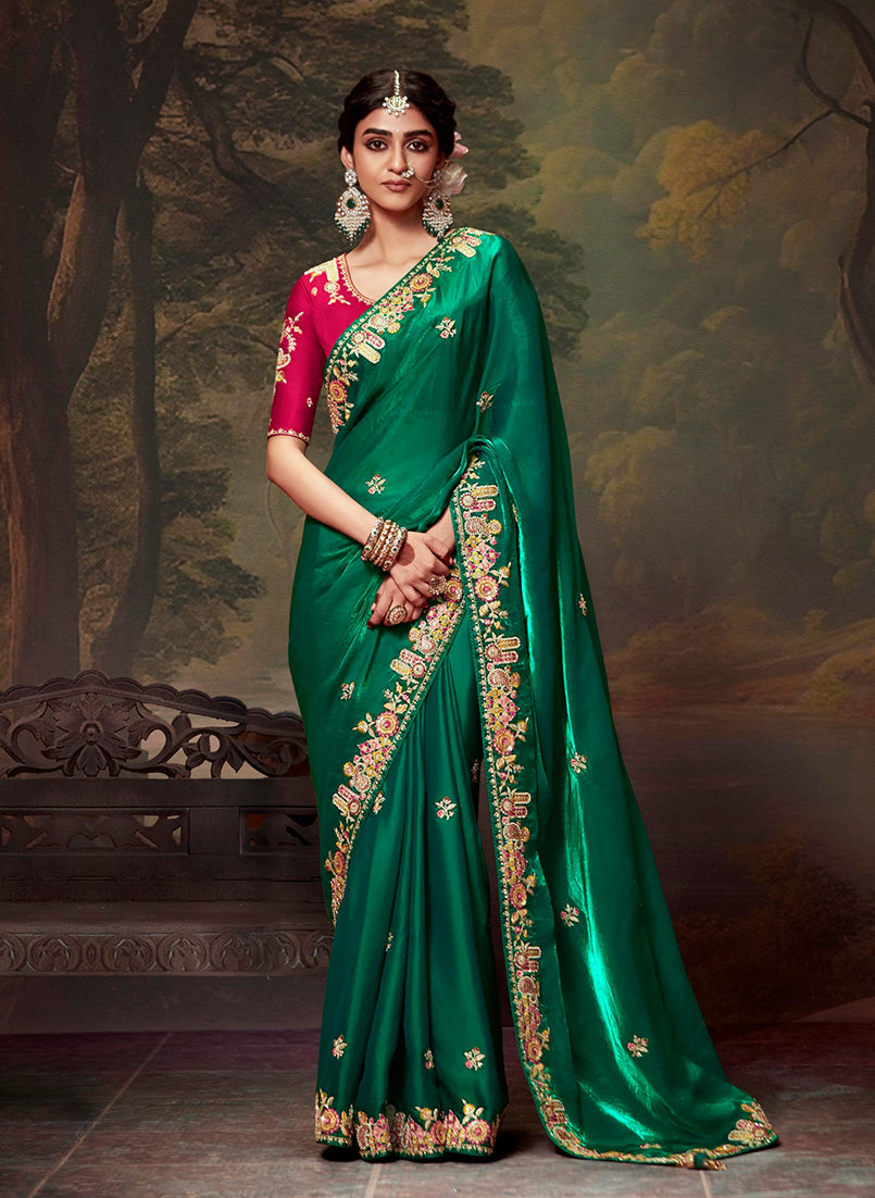 Monjolika Fashion Organza Green Embroidered Thread Work Trendy Saree - Distacart