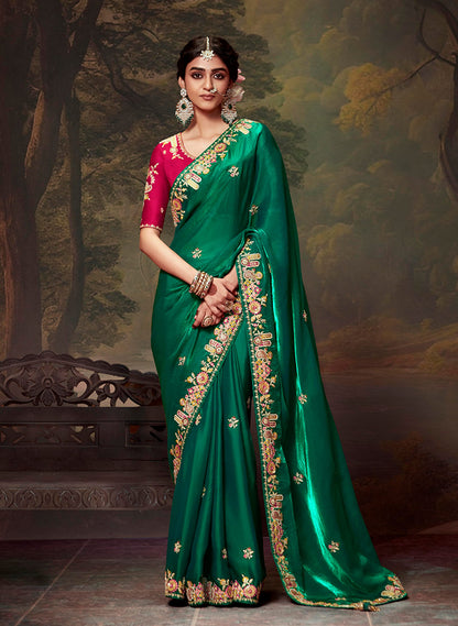 Monjolika Fashion Organza Green Embroidered Thread Work Trendy Saree - Distacart