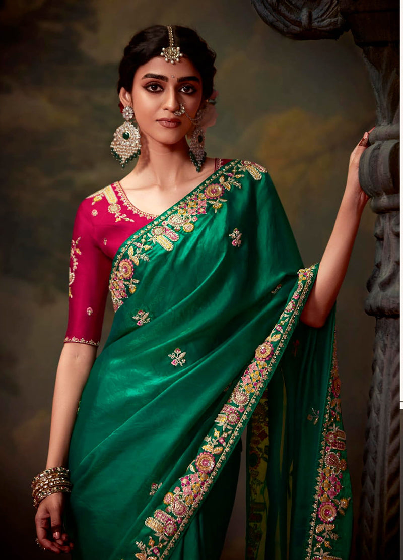 Monjolika Fashion Organza Green Embroidered Thread Work Trendy Saree - Distacart