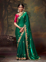 Thumbnail for Monjolika Fashion Organza Green Embroidered Thread Work Trendy Saree - Distacart