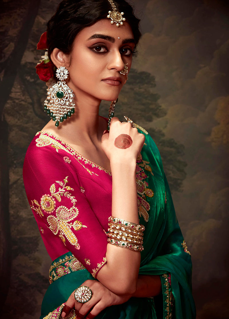 Monjolika Fashion Organza Green Embroidered Thread Work Trendy Saree - Distacart