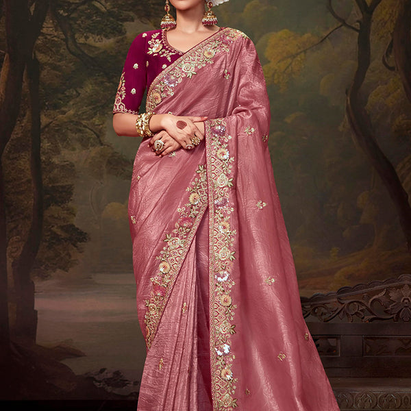 Monjolika Fashion Organza Pink Embroidered Thread Work Classic Saree