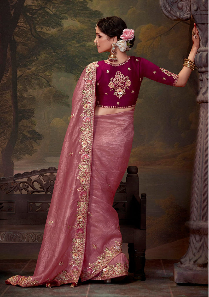 Monjolika Fashion Organza Pink Embroidered Thread Work Classic Saree
