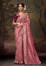 Thumbnail for Monjolika Fashion Organza Pink Embroidered Thread Work Classic Saree