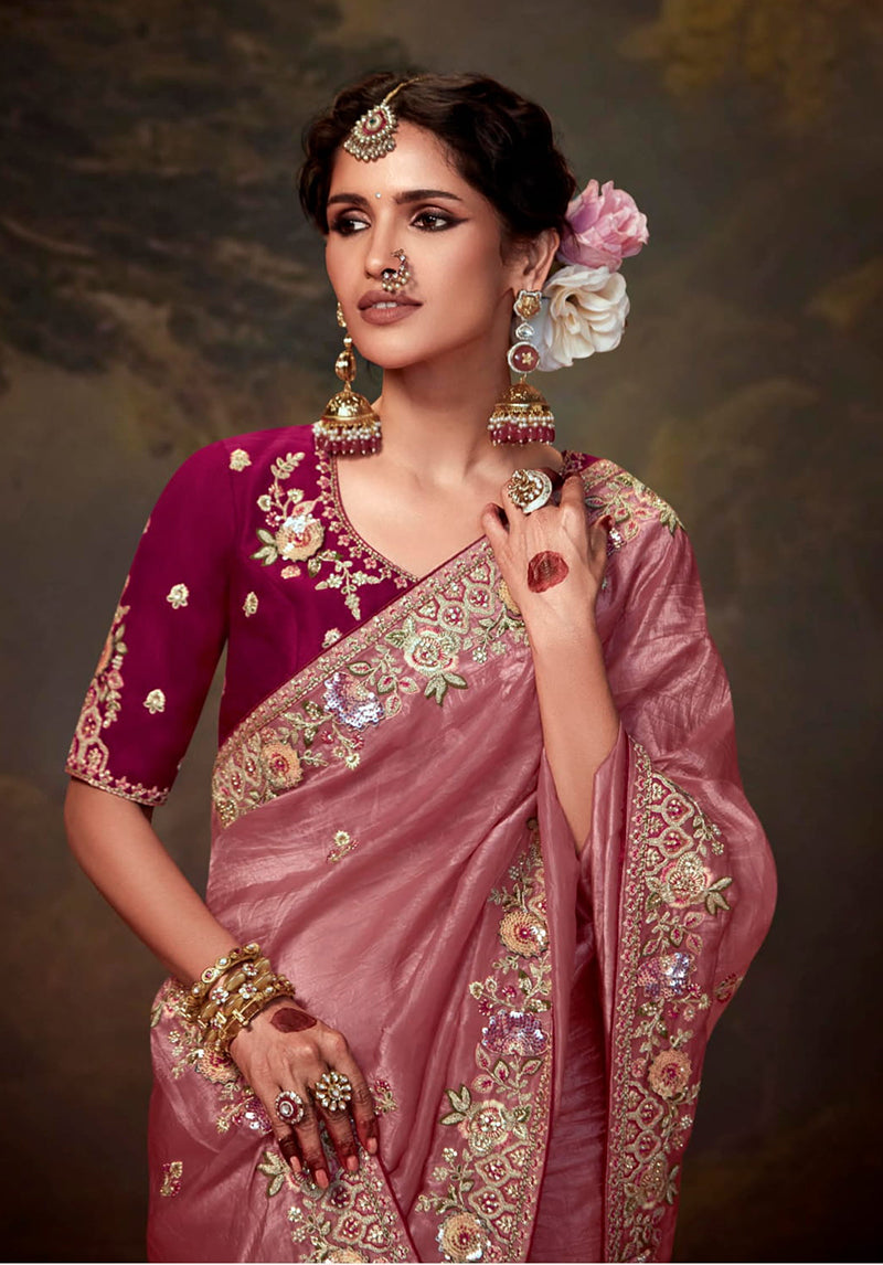 Monjolika Fashion Organza Pink Embroidered Thread Work Classic Saree