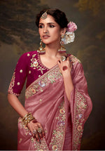 Thumbnail for Monjolika Fashion Organza Pink Embroidered Thread Work Classic Saree