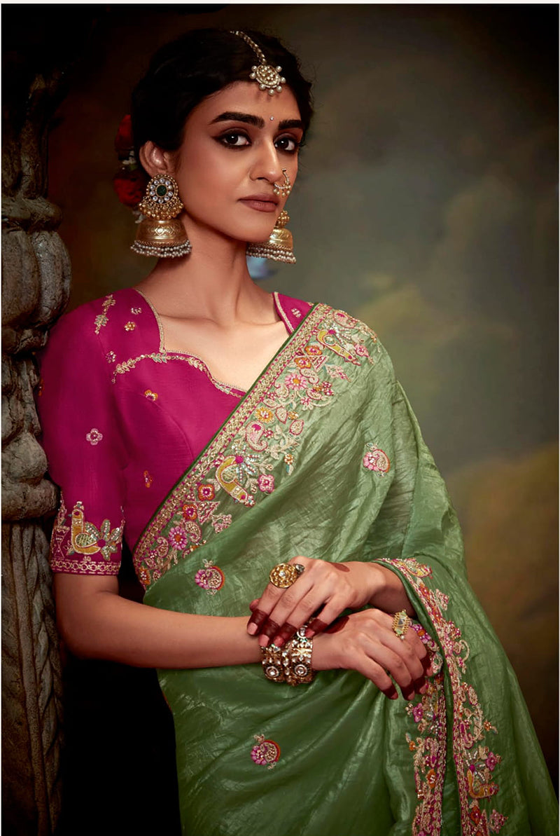 Monjolika Fashion Organza Embroidered Thread Work Contemporary Saree In Light Green - Distacart