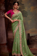 Thumbnail for Monjolika Fashion Organza Embroidered Thread Work Contemporary Saree In Light Green - Distacart