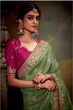 Thumbnail for Monjolika Fashion Organza Embroidered Thread Work Contemporary Saree In Light Green - Distacart