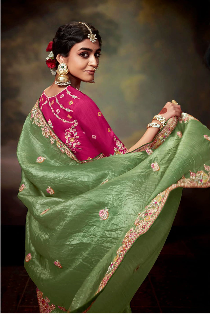 Monjolika Fashion Organza Embroidered Thread Work Contemporary Saree In Light Green - Distacart