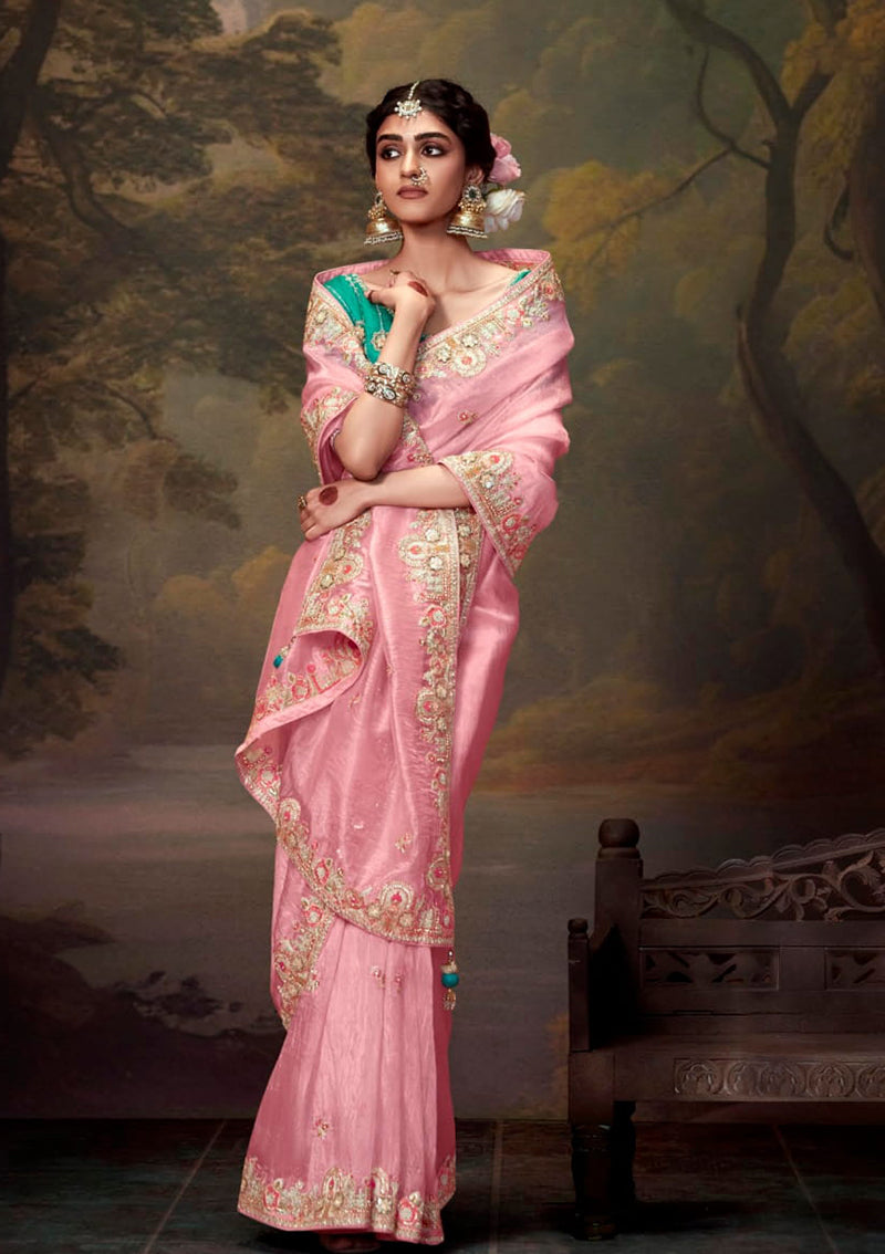 Monjolika Fashion Organza Embroidered Thread Work Light Pink Trendy Saree - Distacart