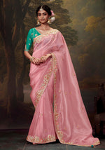Thumbnail for Monjolika Fashion Organza Embroidered Thread Work Light Pink Trendy Saree - Distacart